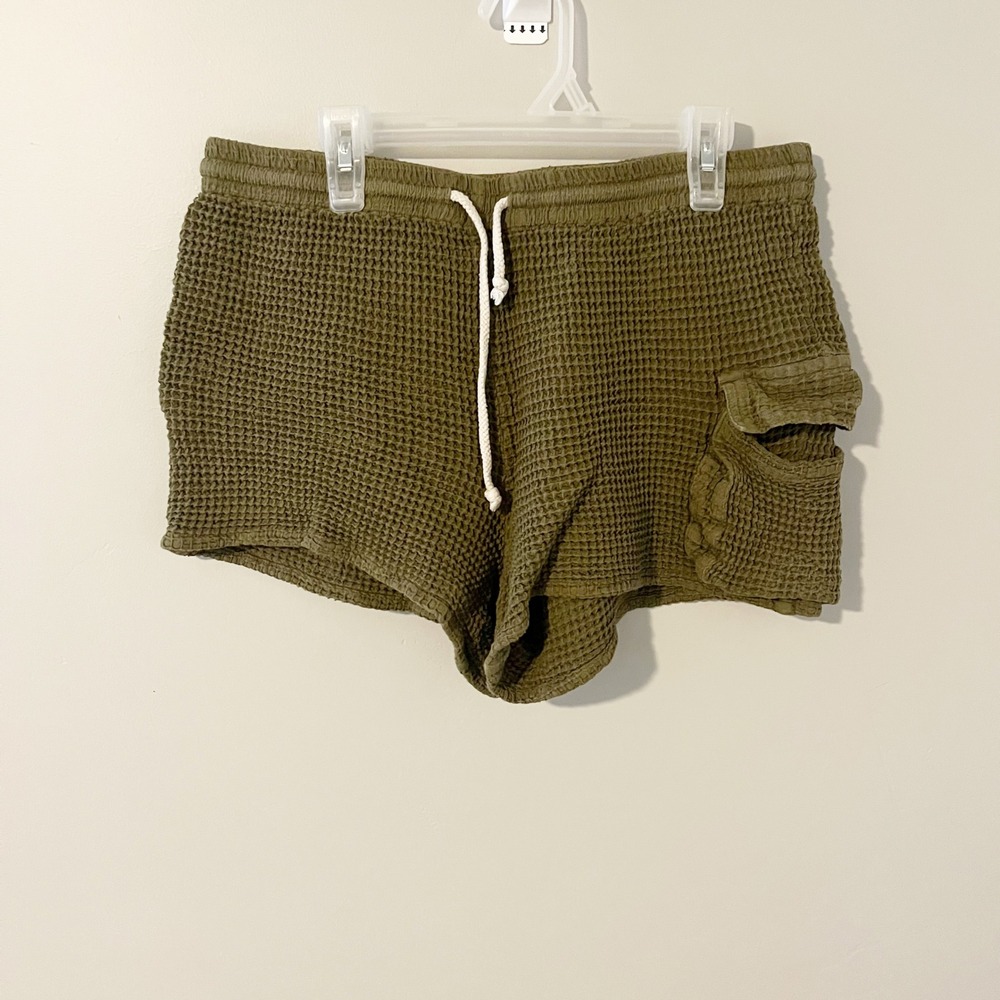 DONNI. Women Olive Green Waffle Knit Cargo Shorts Cotton Drawstring Size M